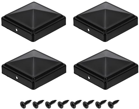 sourcing map Lot de 4 capuchons de poteau de clôture, 8,1 x 8,1 cm, imperméables et résistants en fer avec vis, pour clôture en bois, métal, terrasse, boîte aux lettres, patio, noir