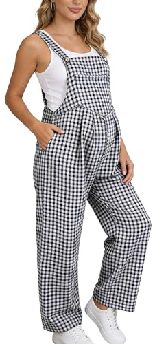 FEOYA Maternity Jumpsuit Women Plaid Rompers Button Straight Wide Leg Loose Fit Rompers Outdoor Casual Sleeveless Halter Overalls L