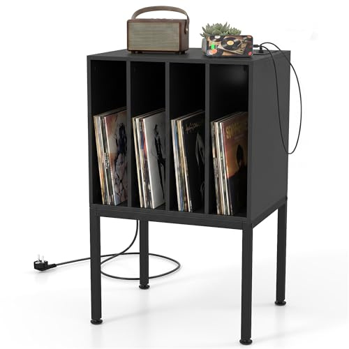 GIANTEX Meuble Vinyle pour Tourne Disque avec Prises, Support de Rangement Platine Vinyle avec 4 Compartiments&Pieds Surélevés, Étagère d'Exposition pour Salon&Salle de Musique, 50x40x81CM (Noir)