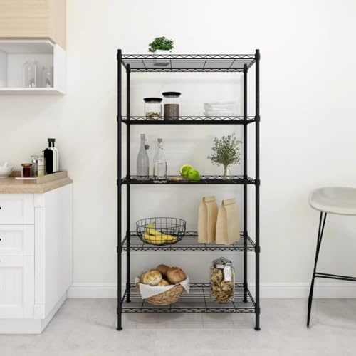 QUAHEAS Scaffale con 5 ripiani in acciaio, 90 x 35 x 180 cm, nero, scaffale in metallo con sistema a incastro e elevata portata di 250 kg, ideale come scaffale da officina, cantina e garage