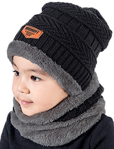 T WILKER 2Pcs Kids Winter Knitted Hats+Scarf Set Warm Fleece Lining Cap for 5-14 Year Old Boys Girls Black