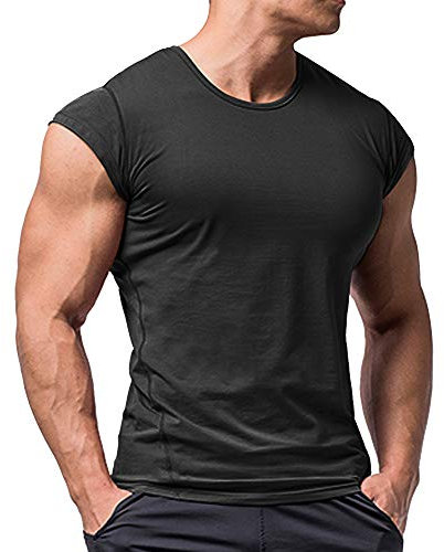 Herren Sportlich T-Shirts Tees Kurz Ärmel Bodybuilding Trainieren Ausbildung Fitness Tops Crew Hals Baumwolle Schwarz L
