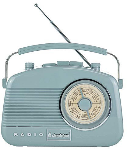 Steepletone Baby Brighton-BT. COMPACT Retro Radio + BLUETOOTH, SPEAKER. Rotary FM Radio, Shabby Chic Nostalgic, 1950s Style, Mains Electric, Battery, Smart Phone Link (Pastel Grey)