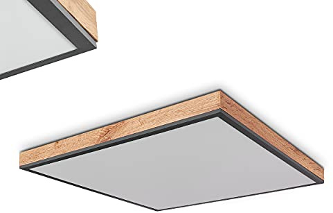 LED-panel Salmi, modern takpanel av metall/MDF i svart/vit/träutseende, 36 watt, 1 lampa, 3 200 lumen, ljusfärg 3 000 Kelvin (varmvit), fyrkantig taklampa i platt design