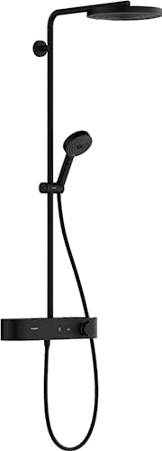 hansgrohe Pulsify S - Duschsystem med termostat, Regndusch (⌀ 260 mm), Duschset med handdusch (3 stråltyper), duschslang, duschstång och rund huvuddusch (1 stråltyp), matt svart