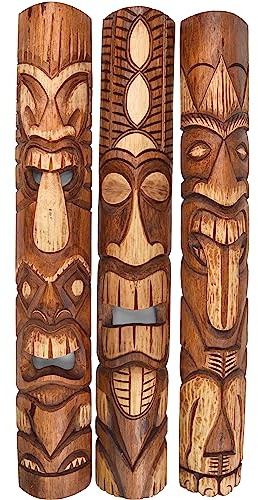 Juego de 3 máscaras de madera Tiki de 100 cm en estilo hawaiano, 3 unidades