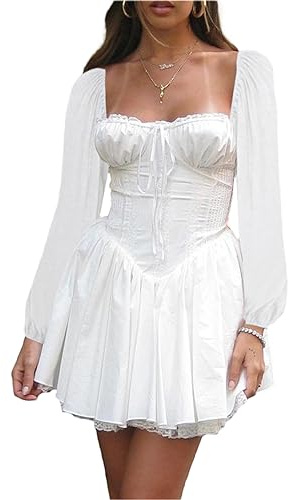 Mini vestido de manga abombada con hombros descubiertos para mujer, cuello cuadrado, con volantes, acampanado, corsé fluido, vestido de playa, vestido de verano fruncido, blanco, S