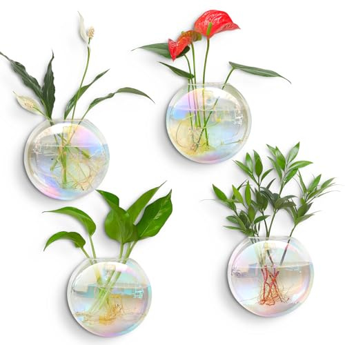 Kingbuy Vägghängande glasplanterare oblate jordförädlingsstation väggmonterade blomvaser perfekt för luftplanta terrarier heminredning, regnbåge, 4-pack