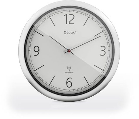 Mebus 19810 Horloge Murale Radio-pilotée silencieuse et silencieuse avec Cadre argenté et Cadran Blanc Modèle 19810 Blanc