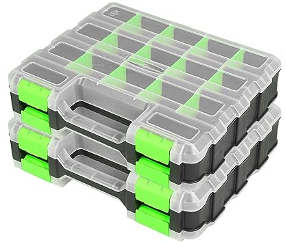 Jack Boss Tool Box with Transparent Lid, Double Side 34-Compartments Organizer Box with Removable Dividers for Hardware, Screws, Bolts, Nails, Beads, Jewelry and Fishing Accessories, Green, 2 Pack