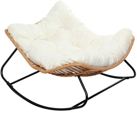 CONCEPT USINE | Fauteuil à Bascule en Résine Tressée | CANGGU Naturel | avec Gros Coussins Beige | Design Effet Rotin | Structure Robuste en Acier Recouvert de Peinture Epoxy | Intérieur/Extérieur