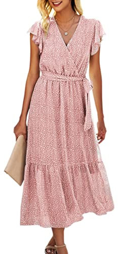ASOMI Kleid Damen Sommer Boho: Blumen Herbst Wickelkleid Frühling Mode Lang Maxikleid V-Ausschnitt Casual Kurzarm Strandkleid Langarm Rüschen Freizeitkleid mit Gürtel 121 Rosa 38