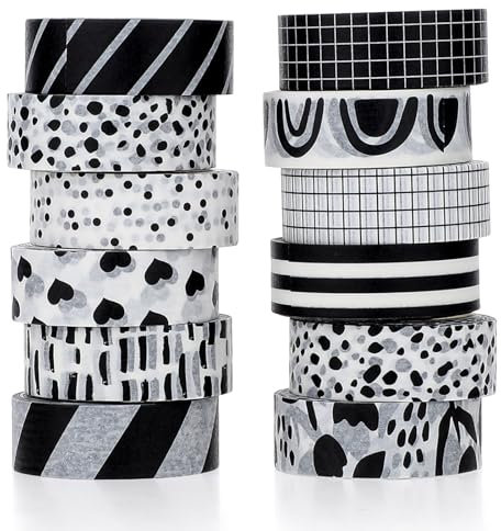 12 Rollen Washi Tape Set Schwarz Weiß Klebebänder Gitter Washi Liebesmuster Tape Set Schwarz Weiß Dekoratives Klebeband Abdeckband Dekor für Scrapbooking Tagebuch Planer Geschenkverpackung