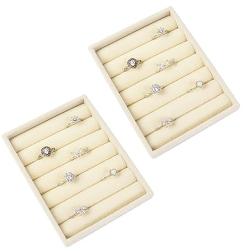 Nwvuop 2 Pack Ring Storage Tray, 7-Slots Stackable Jewellery Trays for Drawer Jewellery Ring Display 4.92× 3.74× 1 inches(Beige)