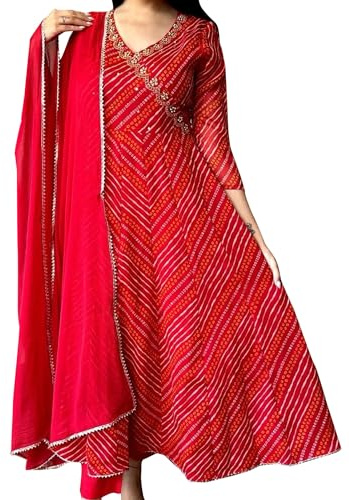 IMTRA FASHION Femmes Indiennes Bandhej Anarkali Kurti avec Ensemble Pantalon Et Robe en Rayonne