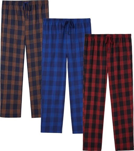 JupiterSecret Mens Pyjama Pants Set Flannel Cotton Plaid Sleep & Lounge Pants, PJ Bottoms with Pockets and Button Fly