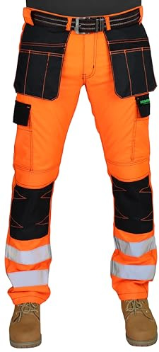 HASHOOB TRADING FZE Men’s Hi Vis Work Trousers Three Stitch Cargo Knee Pad Pocket Holster Pocket Workwear Pants (OSTSIX-OR1, 34W X 32L) Orange