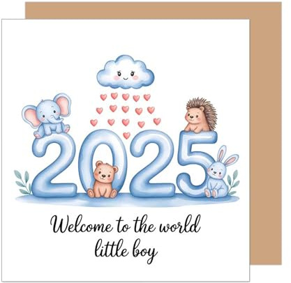 Edition Seidel Tarjeta de felicitación de nacimiento cuadrada con sobre, tarjeta de felicitación para bebé con texto en inglés «Welcome Baby Kind Boy» con animales azules (EQ137 SW025)
