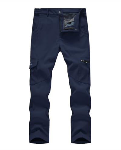 Rdruko Mens Waterproof Trousers Winter Thermal Hiking Trousers Fleece Lined Outdoor Walking Pants Warm Softshell Ski Work Trousers with Multi Pockets (Navy Blue 34)