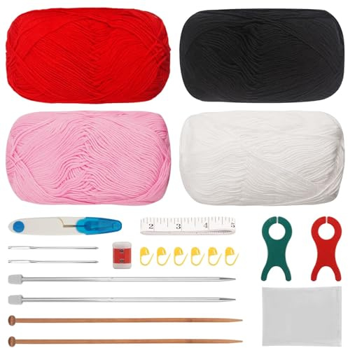 FALSKT Knitting Kit for Beginners Adults Kids Knitting Starter Kit 4 Colours Cotton Yarn Knitting Needles Accessories for Squares Scarfs Hats Shawls Cardigan Craft