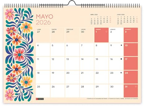 Miquelrius - Calendario 2026 de pared, Organizador anual A3: 420 x 296 mm, Con espacio para anotar, Encuadernación espiral doble, Planificador 12 meses, Español, Flores
