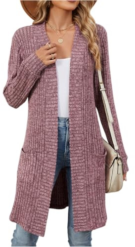 Cardigan Mujer Elegante Jersey Punto Mujer Largos Ligero Entretiempo Chaqueta Punto Larga Abierto Manga Larga Jersey Cárdigan Invierno Suéteres con Bolsillos(Púrpura,XXL)