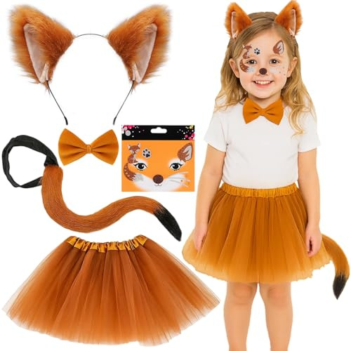 Fox Costume, Halloween Costumes, 5 PCS Animal Costume with Fox Ears Headband Bow Tie Tutu Face Sticker and Tail, Animal Costumes Kids for Halloween Christmas Carnival Celebration World Book Day