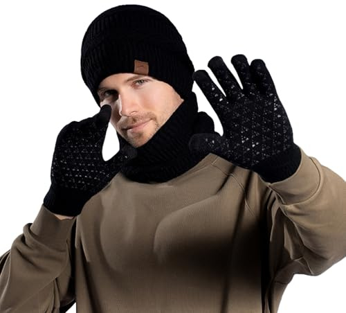 Men's Winter 3-Piece Set - Beanie Hat, Scarf & Touchscreen Gloves - Warm, Soft & Stylish Knit Winter Accessories (Black, ONE SIZE)