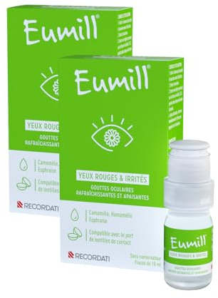 EUMILL | Yeux rouges & irrités | Gouttes oculaires rafraîchissantes et apaisantes | Réduisent rougeurs & apaisent les irritations | Compatibles avec lentilles de contact | Lot de 2 flacons x 10 ml