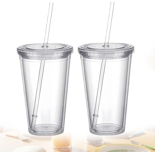 2 bicchieri in plastica rigida da viaggio con cannuccia e coperchio, 450 ml, trasparenti, a doppia parete, riutilizzabili, trasparenti per succo di frutta, frullati, caffè