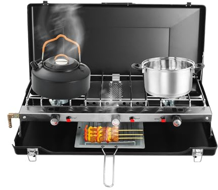 Bärbar campingspis med 3 brännare, 1 500 W gasspis utomhus, vikbar gasspis camping med piezo-tändning, kompakt för camping, grillning, vandring (svart)
