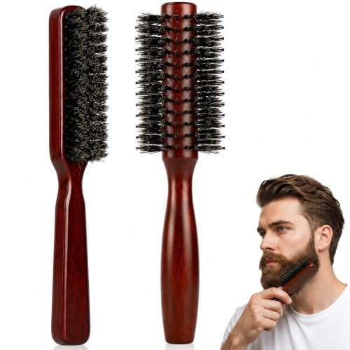 2 PCS Beard Brush for Men, Viking Roller Beard Brush with Straight Handle, Daily Grooming Tools for Beard Care and Hair Styling, Complete Beard Maintenance Set for Travel and Home Use