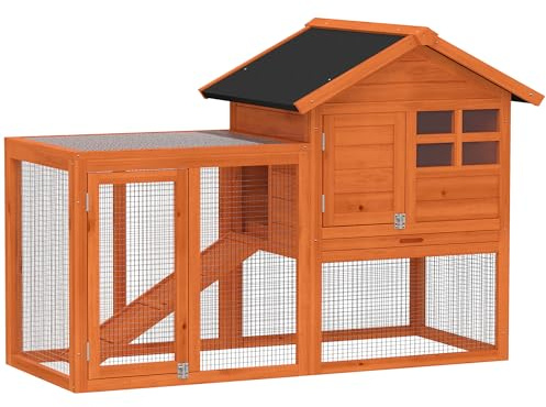 PawHut Kaninhus med 2 våningar, träkaninbur 123,5x62,6x92,5 cm, kaninbur med vattentäkt bitumentak, utomhushage, ramp, dörrar, kaninbur för kaniner, kycklingar, ankor, utomhus Orange