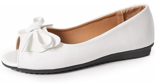 Comode ballerine aperte da donna, senza lacci, punta aperta, con fiocco, casual, traspiranti, con tacco basso, scarpe da ufficio, bianco, 38 EU