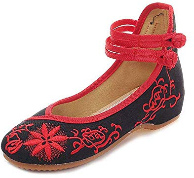 BININBOX Zapatos Planos Bailarina de Mujer para niñas Estilo étnico Chino Suela de tendón de Vaca Tela Bordada (Negro, 39)