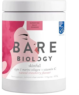 Bare Biology Collagen Powder + Vitamin C, 300g/60 Servings, Strawberry Flavour - Skinful Pure Marine Collagen for Skin, Muscles, Hair, Nails, Joints & Bones - Super Strength Type 1 Peptides