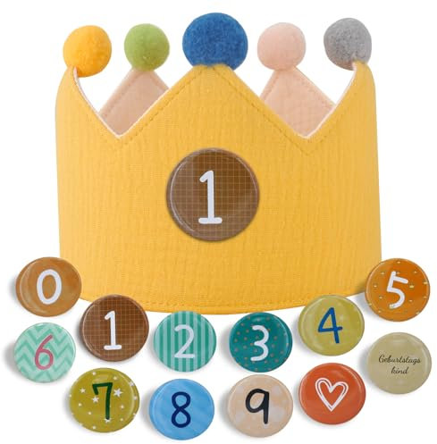 JOYUE Corona di Compleanno per Bambini, Corona Stoffa Compleanno con Numeri da 0 a 9, Corona in Tessuto Compleanno Cappelli di Corona, Cappello da Festa di Compleanno per Ragazzi e Ragazze (Giallo)