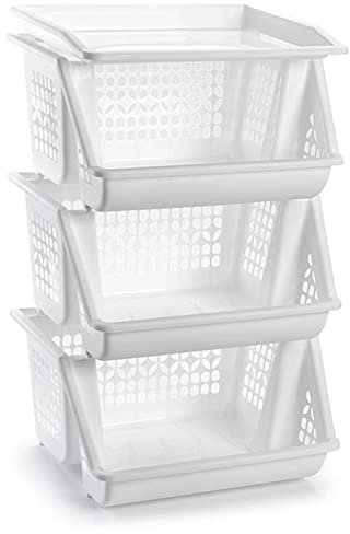 Acan Tradineur - Pack de cestas verdulera de plástico con 3 Niveles - Modelo PLFT - Cestas apilables portaobjetos, Frutas, Verduras, Cocina, baño - 57 x 36 x 29 cm - Color Blanco (Plus)