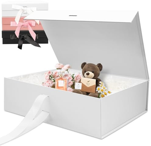 Sekepingo Weiß Luxus Große Magnet-Geschenkbox, 32,5 * 23 * 10,5cm Geschenkbox mit Band, Papier& Grußkarte Party Favor Box für Hochzeit, Geburtstag & Muttertag