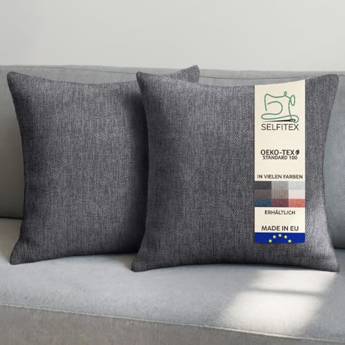 Selfitex 2er Set Sofakissen 50x50 cm, inkl. Füllkissen, gewebter Canvas Stoff, Matte & strukturierte Oberfläche, weiche Polyester Füllung, in Handarbeit gefertigt – Made in EU (Anthrazit)