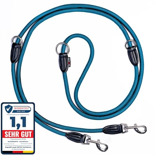 elevenants® Verstellbare Hundeleine 3 Meter | Robuste Nylon Umhängeleine für mittelgroße bis große Hunde | Führleine mit 200kg Zugkraft | Doppelleine mit 2 Karabiner (Blau)
