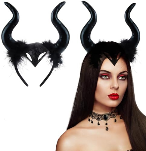 XIMEY Corne Diable, Corne Diable Serre Tete, Bandeau Corne de Démon avec Chocker Dentelle, Diable Cornes Ensemble pour Gothique Décoration Halloween Carnaval Cosplay Party Femme Carnaval (Noir)