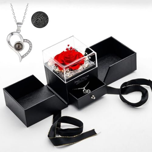 Zirsh Preserved Real Rose with 'I Love You' Necklace, Box Handmade Eternal Red Rose Flower Gifts for her Woman Wife Girlfriend on Birthday Anniversary Valentine's Day