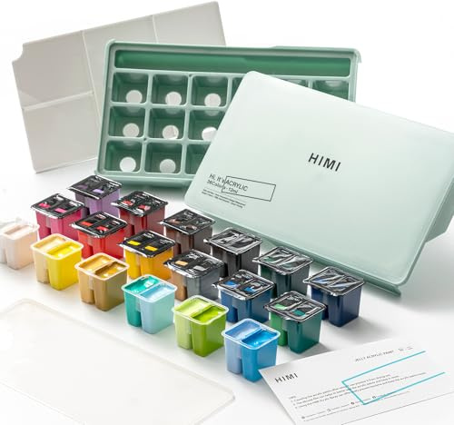 HIMI Ensemble de peinture acrylique à double tasse, 36 couleurs, 12 g, haute viscosité, fournitures d'art pour peinture sur toile, bois de roche et céramique