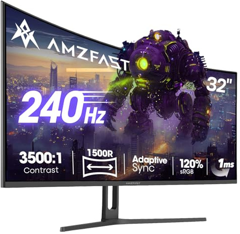 Amzfast 32 Zoll Curved Gaming Monitor (240Hz, 1920x1080, 1ms MPRT, 1500R), Adaptive-Sync, 90% DCI-P3, 120% sRGB, 300cd/m², HDMI 2.0 & DisplayPort 1.4 (AMZG32C3F)