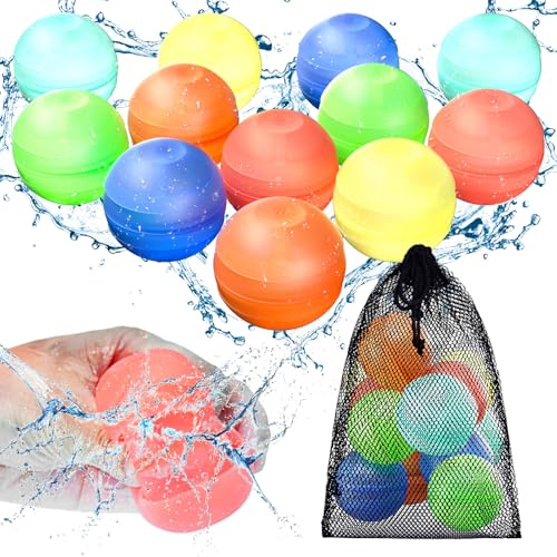 CloudValley Ballons a eau Réutilisable en Silicone, Ballons d'eau Remplissage Rapide 12 Pcs et 1 Sac en Filet, Enfants Adultes pour les Fêtes de Piscine, Plage Jouets d'extérieur