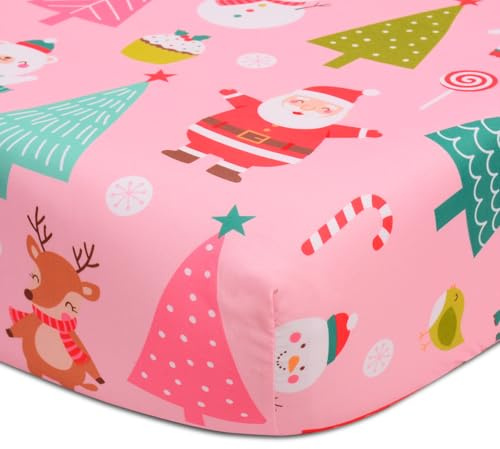 JISEN Christmas Crib Sheet Tree Fitted Cot Sheet for Boys Girls Baby Bed Mattress Cover for Standard Crib and Toddler Mattress 60x120cm to 70x132cm Pink