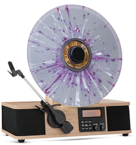 Fuse Tourne-Disque Vertical Enveloppant avec Support de Couverture de l'album intégré – Lecteur Vinyle Moderne du Milieu du siècle avec Haut-parleurs intégrés et Bluetooth – Platine Audio Radio FM