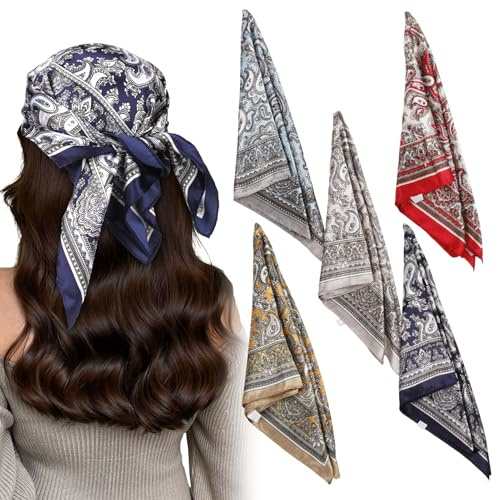 5 Pièces bandana, Foulard Cheveux Femme en Satin, foulard rouge,bandana femme,foulard,Écharpe en Soie Lisse Écharpes Hijab pour Femmes, Accessoires de Cheveux en Soie Écharpe Carrée Hijab (60 * 60CM)