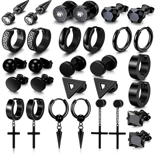 15 Pairs Gothic Earrings, Black Earrings for Men Women, Punk Style Earrings Set, 4mm-30mm Ear Studs, Unisex Alternative Jewelry for Daily Wear and Special Occasions
